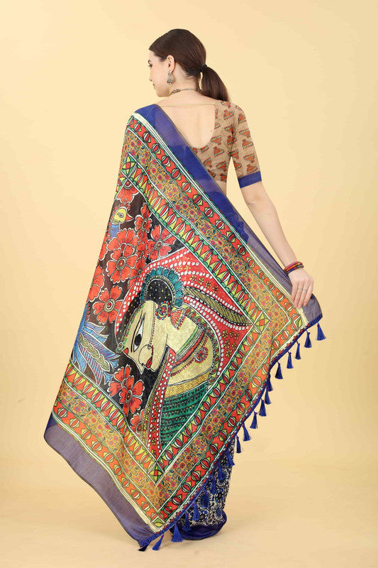 Blue Cotton Blend Kalamkari Printed Saree with Blouse Piece