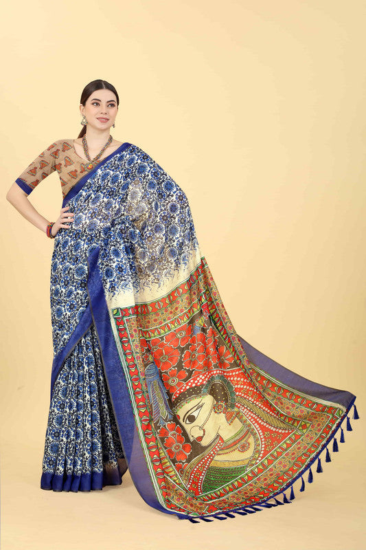 Blue Cotton Blend Kalamkari Printed Saree with Blouse Piece
