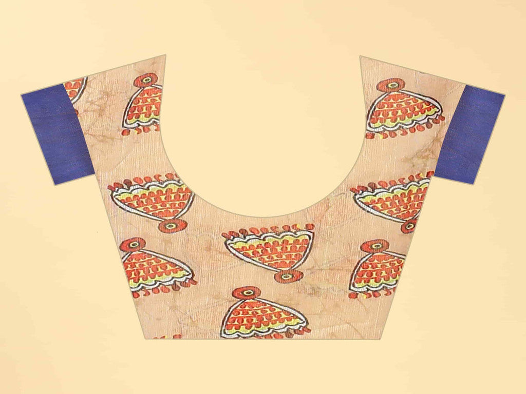 Blue Cotton Blend Kalamkari Printed Saree with Blouse Piece