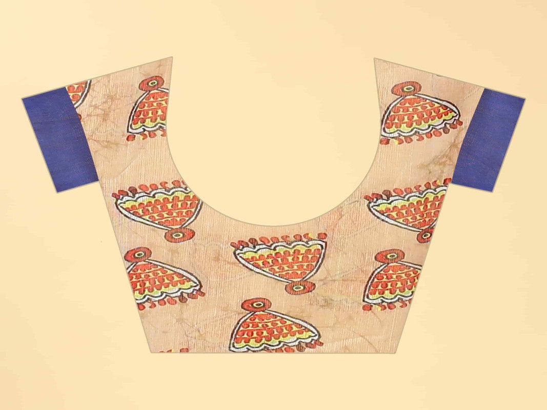 Blue Cotton Blend Kalamkari Printed Saree with Blouse Piece