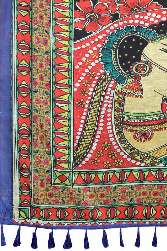 Blue Cotton Blend Kalamkari Printed Saree with Blouse Piece