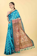 Blue cotton blend saree featuring traditional Kalamkari digital prints with unstitched blouse