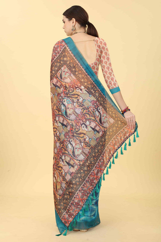 Blue Cotton Blend Printed Kalamkari Saree with Blouse Piece