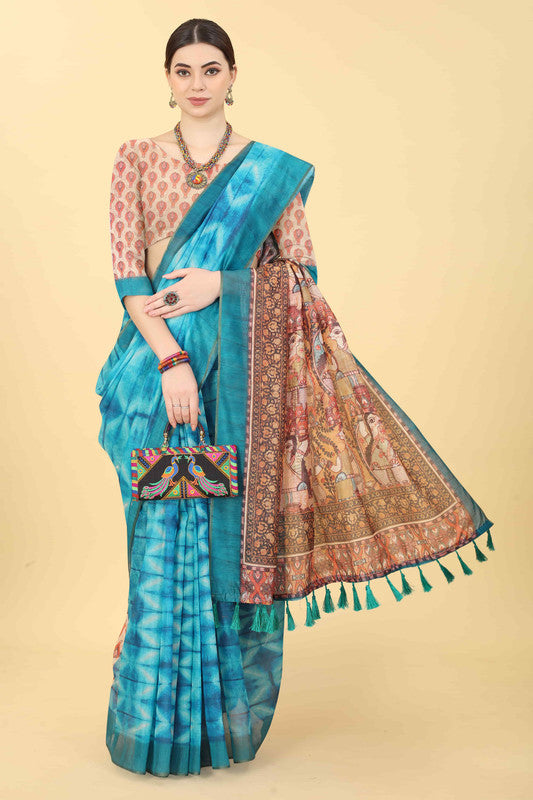 Blue Cotton Blend Printed Kalamkari Saree with Blouse Piece