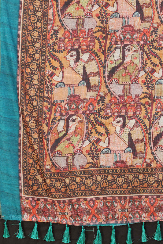 Blue Cotton Blend Printed Kalamkari Saree with Blouse Piece