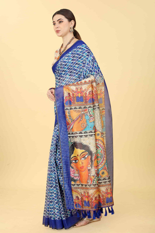 Close up of Blue Cotton Blend Printed Kalamkari Saree.