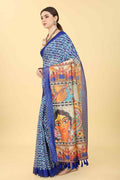 Close up of Blue Cotton Blend Printed Kalamkari Saree.