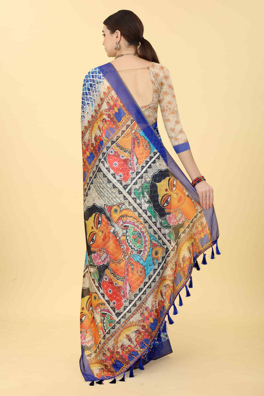 Blue Cotton Blend Printed Kalamkari Saree with Unstitched Blouse