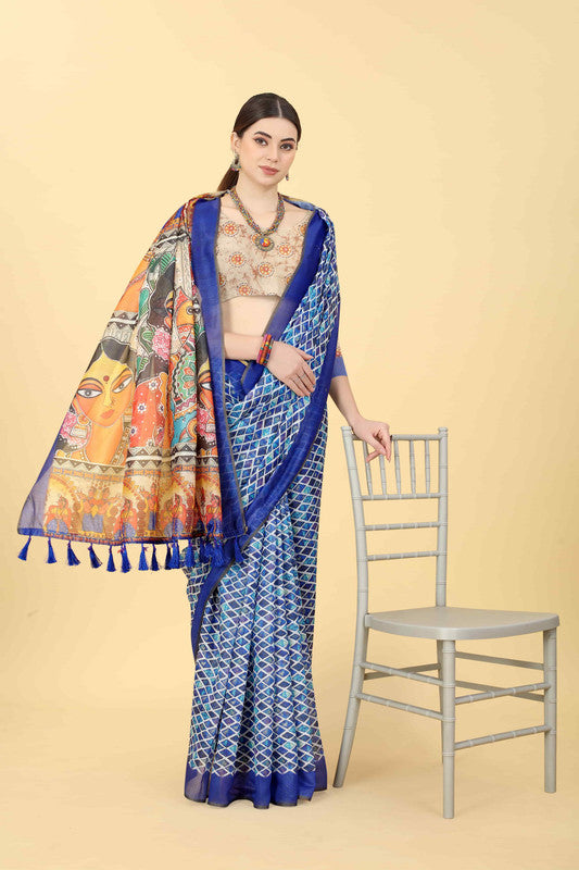 Blue Cotton Blend Printed Kalamkari Saree with Unstitched Blouse