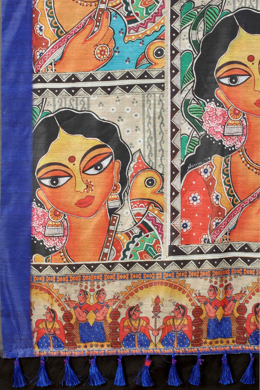 Blue Cotton Blend Printed Kalamkari Saree with Unstitched Blouse