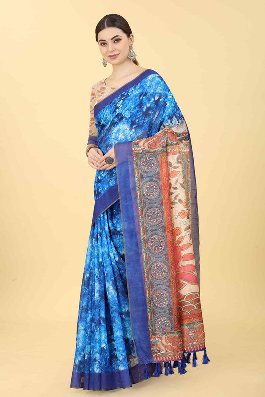 Elegant blue Kalamkari printed saree