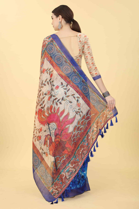 Blue Cotton Blend Kalamkari Printed Saree with Unstitched Blouse