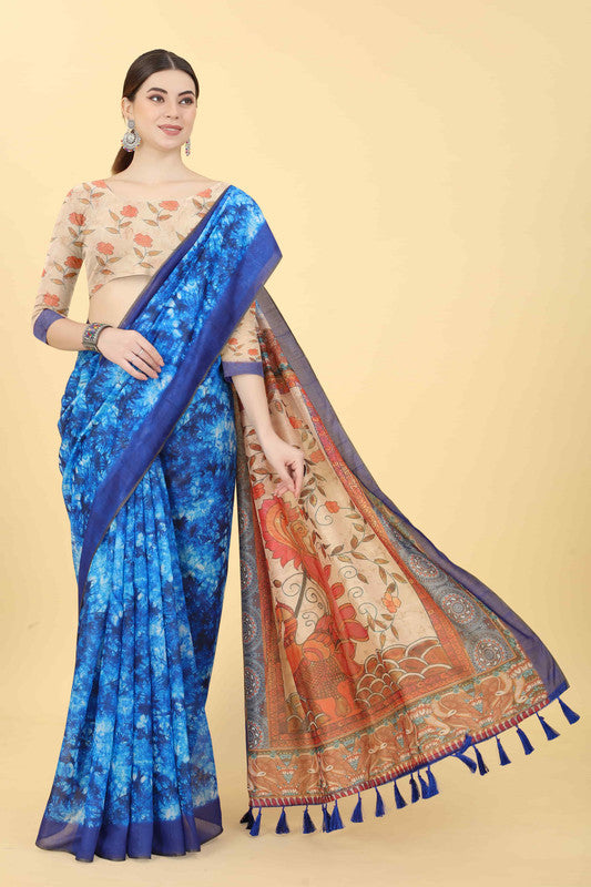 Blue Cotton Blend Kalamkari Printed Saree with Unstitched Blouse