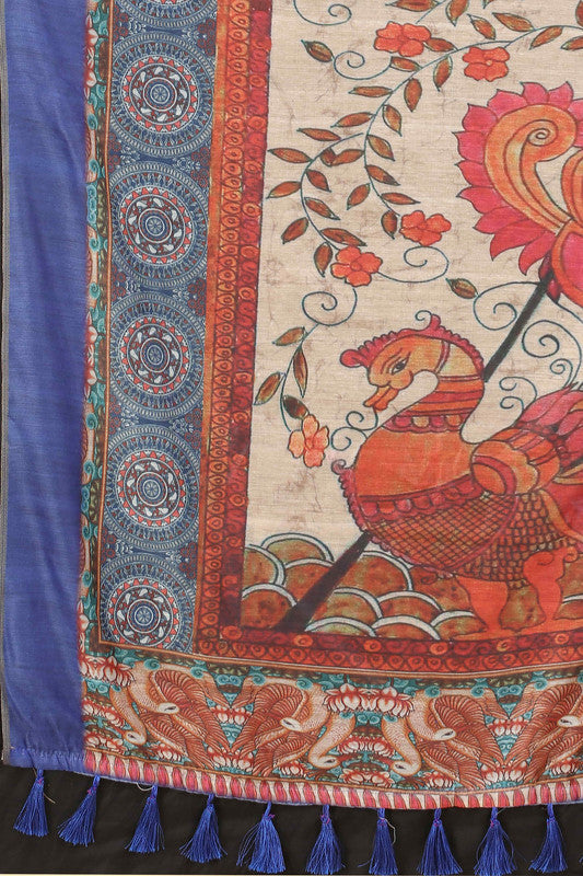 Blue Cotton Blend Kalamkari Printed Saree with Unstitched Blouse