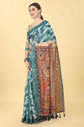 Blue Cotton Blend saree featuring traditional Kalamkari print with unstitched blouse