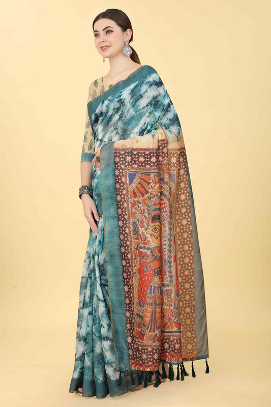 Blue Cotton Blend saree featuring traditional Kalamkari print with unstitched blouse