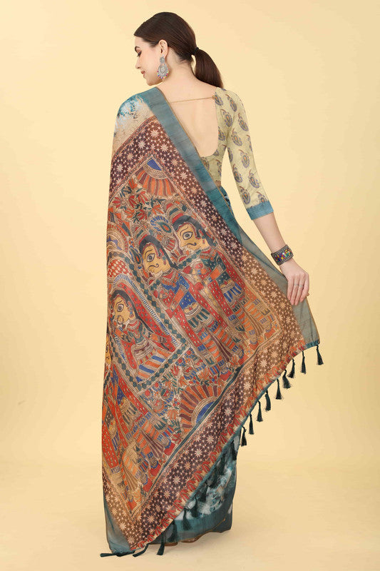 Blue Cotton Blend Kalamkari Printed Saree with Blouse Piece
