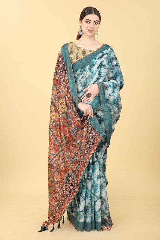 Blue Cotton Blend Kalamkari Printed Saree with Blouse Piece