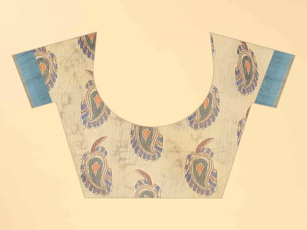 Blue Cotton Blend Kalamkari Printed Saree with Blouse Piece