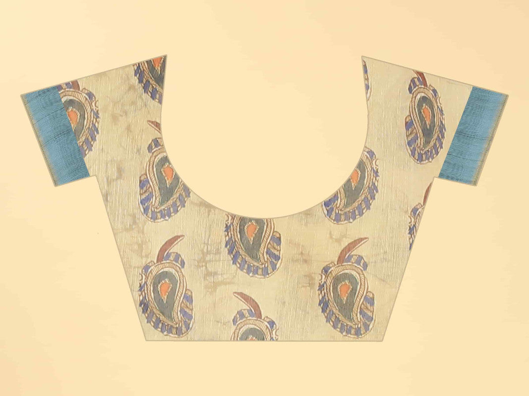 Blue Cotton Blend Kalamkari Printed Saree with Blouse Piece