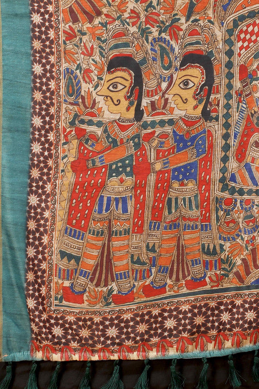 Blue Cotton Blend Kalamkari Printed Saree with Blouse Piece
