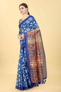 Blue Cotton Blend Printed Kalamkari Saree with Unstitched Blouse - Hiral Fashion