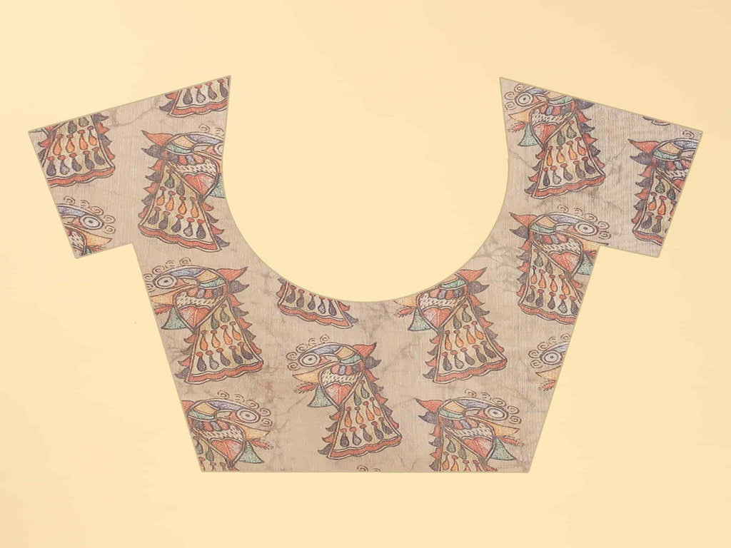 Blue Cotton Blend Printed Kalamkari Saree with Unstitched Blouse - Hiral Fashion