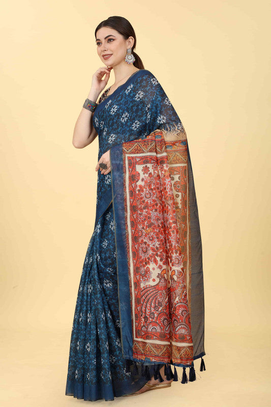 Blue Kalamkari print saree on cotton blend fabric