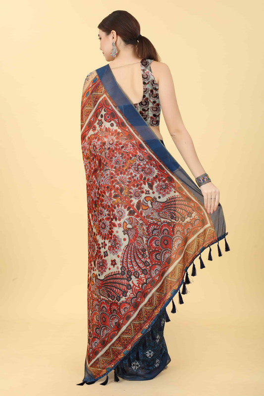 Blue Cotton Blend Kalamkari Printed Saree with Unstitched Blouse