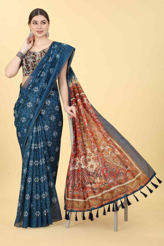 Blue Cotton Blend Kalamkari Printed Saree with Unstitched Blouse