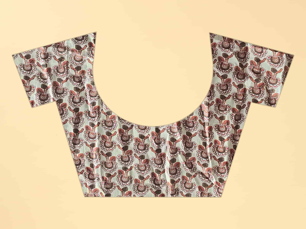 Blue Cotton Blend Kalamkari Printed Saree with Unstitched Blouse