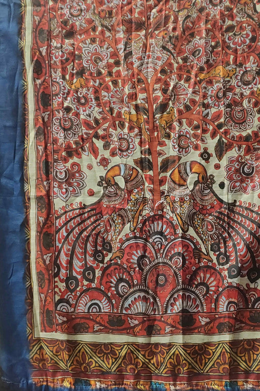 Blue Cotton Blend Kalamkari Printed Saree with Unstitched Blouse