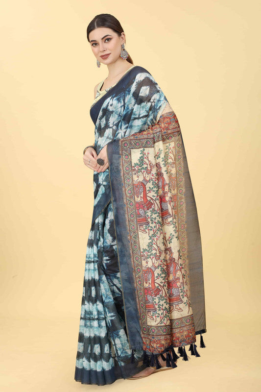 Blue Kalamkari printed cotton blend saree with attached unstitched blouse