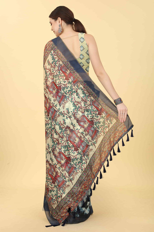 Blue Cotton Blend Kalamkari Printed Saree with Unstitched Blouse
