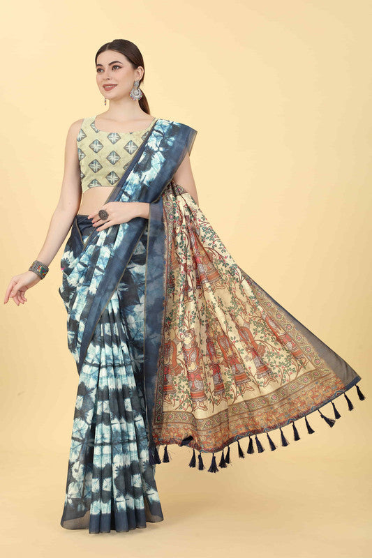 Blue Cotton Blend Kalamkari Printed Saree with Unstitched Blouse