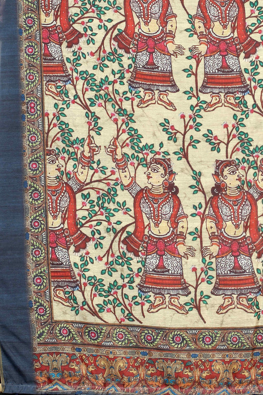 Blue Cotton Blend Kalamkari Printed Saree with Unstitched Blouse