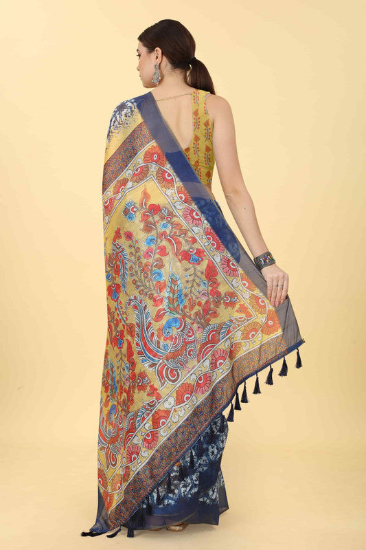 Blue Cotton Blend Printed Kalamkari Saree with Unstitched Blouse