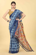 Blue Cotton Blend Printed Kalamkari Saree.