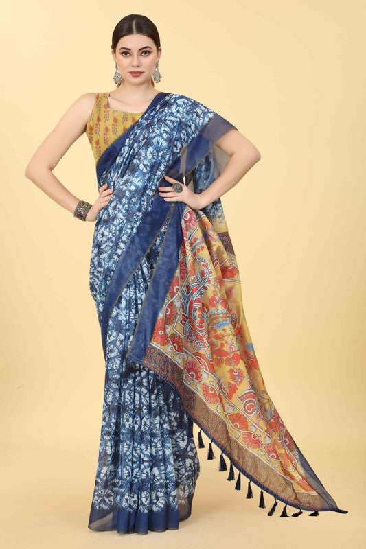 Blue Cotton Blend Printed Kalamkari Saree.