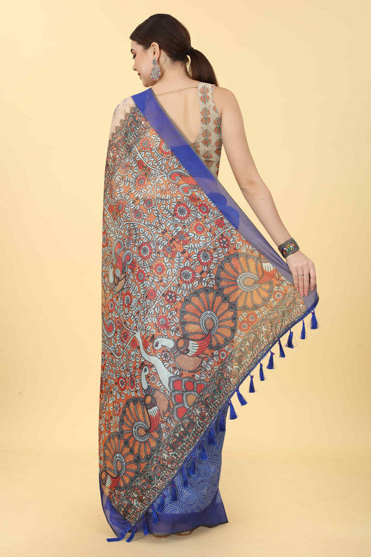 Blue Cotton Blend Printed Kalamkari Saree with Unstitched Blouse - Hiral Fashion