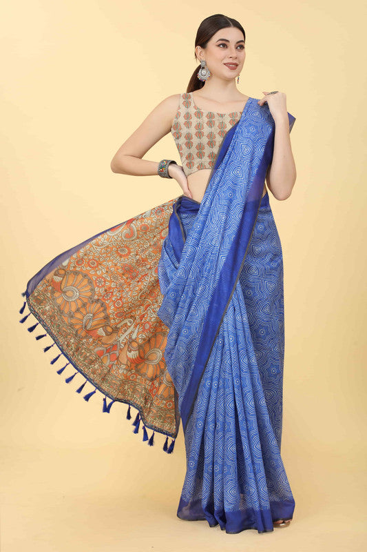 Blue Cotton Blend Printed Kalamkari Saree with Unstitched Blouse - Hiral Fashion