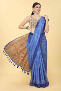 Blue Cotton Blend Printed Kalamkari Saree with Unstitched Blouse - Hiral Fashion
