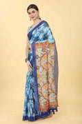A beautiful blue cotton blend Kalamkari printed saree with matching unstitched blouse piece.