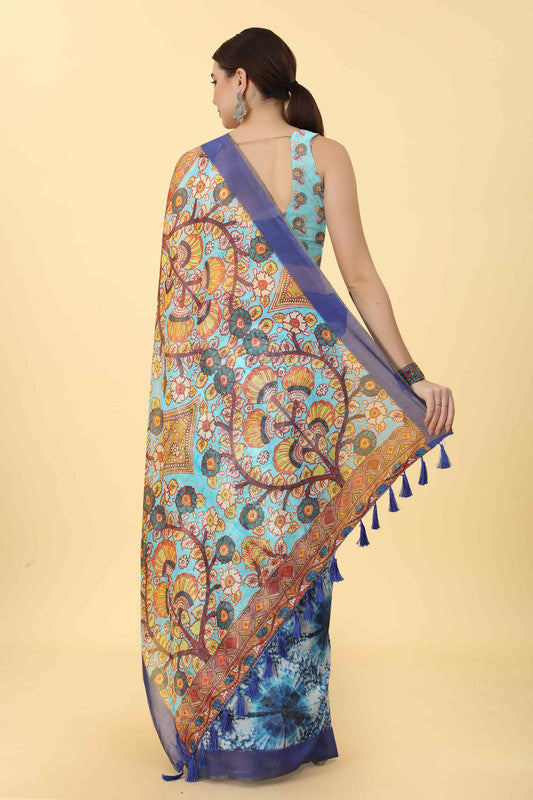 Blue Kalamkari Printed Cotton Blend Saree with Unstitched Blouse