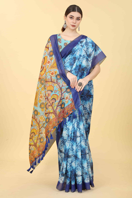 Blue Kalamkari Printed Cotton Blend Saree with Unstitched Blouse