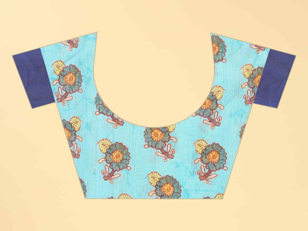 Blue Kalamkari Printed Cotton Blend Saree with Unstitched Blouse