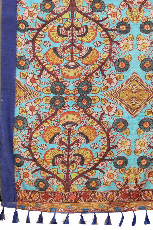 Blue Kalamkari Printed Cotton Blend Saree with Unstitched Blouse
