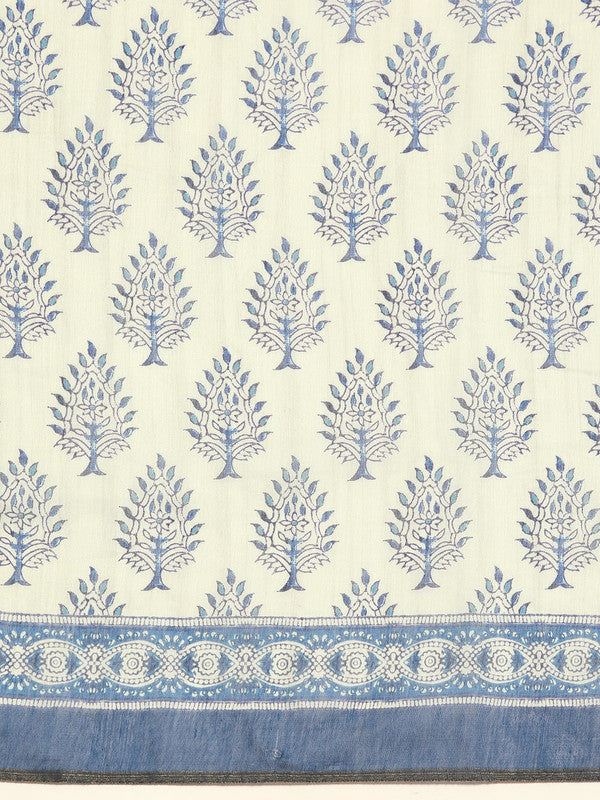 Blue Cotton Blend Printed Dabu Saree with Unstitched Blouse - Hiral Fashion