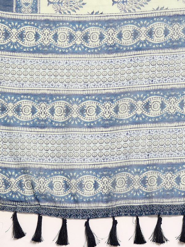 Blue Cotton Blend Printed Dabu Saree with Unstitched Blouse - Hiral Fashion