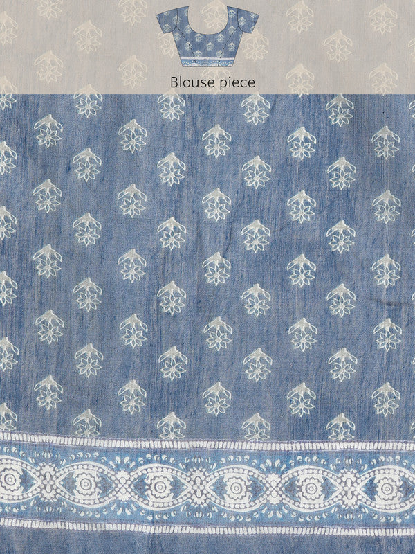 Blue Cotton Blend Printed Dabu Saree with Unstitched Blouse - Hiral Fashion